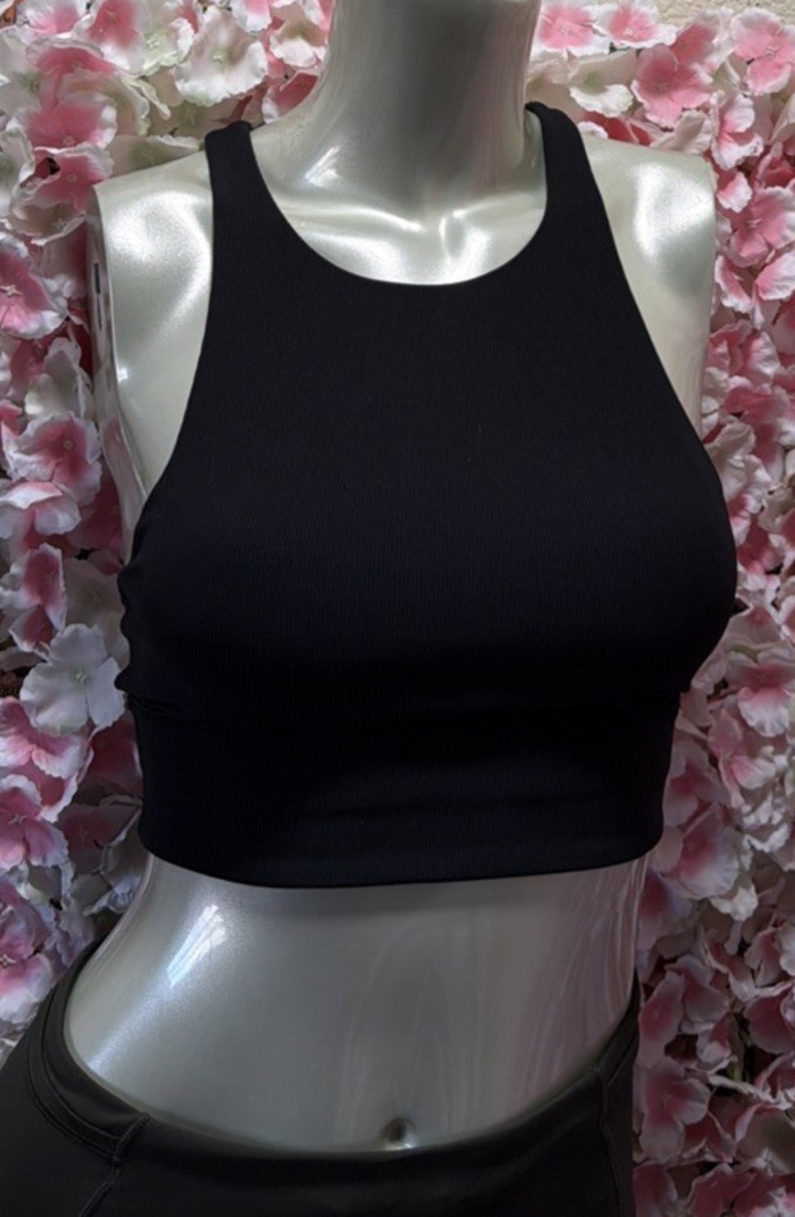 Lululemon Sports Bra Womens 4 Black Ribbed Longline High Neck Yoga euc